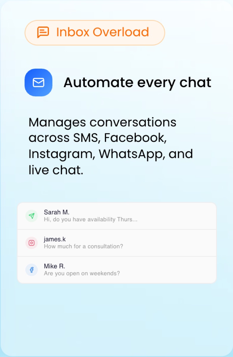 HighLevel conversation inbox: SMS, Instagram and Facebook messages answered by the AI