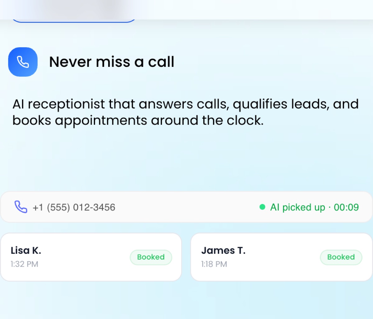 HighLevel AI Receptionist: answers calls 24/7, qualifies prospects, books appointments