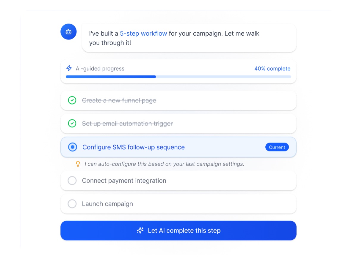 HighLevel Workflow AI building a five-step campaign workflow